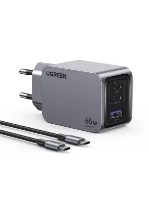 Ugreen Nexode Pro 65W punjač s 3 priključka i GaN tehnologijom, s priloženim 1,5 m USB-C kabelom za punjenje od 100 W