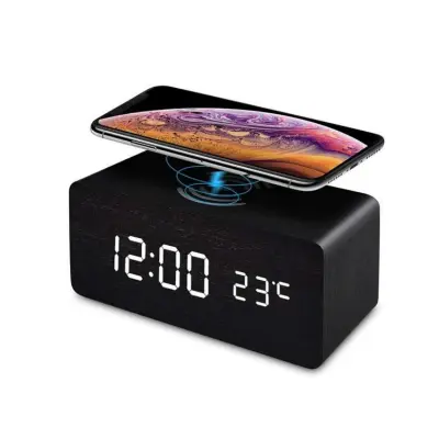 LED budilica s bežičnim punjenjem Crna Crna