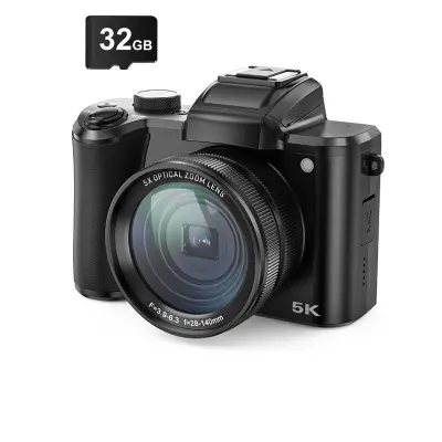 5K digitalni fotoaparat s dvostrukim prednjim i stražnjim kamerama, automatskim fokusom, protiv podrhtavanja, SD kartica od 32 GB Crna
