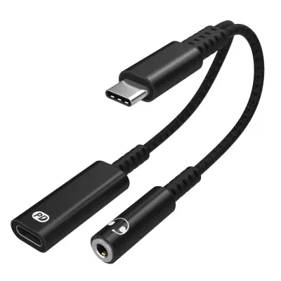 USB C na 3.5mm adapter za slušalice i punjač Crna