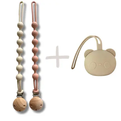 Kidkool Silikonska torbica za spremanje dude (Bež) + Silikonski držač za dudu, Lančić za dudu, Kopča za dudu (Ružičasta i Bež) KIDPACK