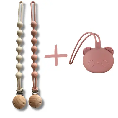 Kidkool silikonska torbica za spremanje dude (ružičasta) + silikonski držač za dudu, lančić za dudu, kopča za dudu (ružičasta i bež) KIDPACK