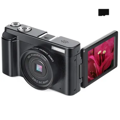 Digitalni fotoaparat s 48 MP, HD 1080p, 16x zumom, preklopnim zaslonom, 32GB karticom, crni Crna