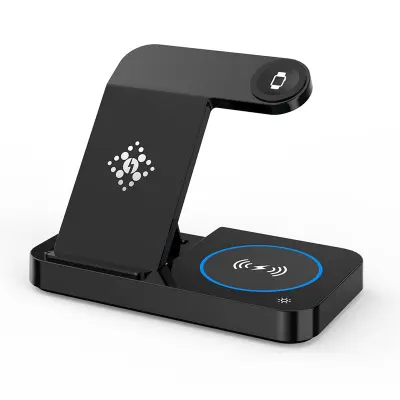 Sklopivi 4-u-1 bežični punjač za telefon Airpods iWatch s rasvjetom Crna