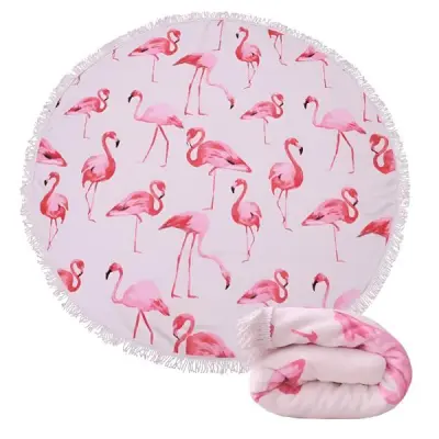 Okrugli brisač za plažu i piknik, mekani ručnik Flamingo, promjer 150 cm | CUBALINKA