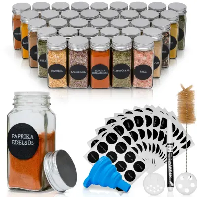 Set od 36 staklenki za začine Deco Haus s poklopcima – naljepnice, lijevak, četkica, marker – staklenke za pohranu i doziranje 120 ml, 10,5 x 4,3 cm