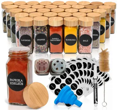 Set od 36 staklenki za začine Deco Haus s poklopcima od bambusa – naljepnice, lijevak, četkica, marker – staklenke za pohranu i doziranje 120 ml, 10,