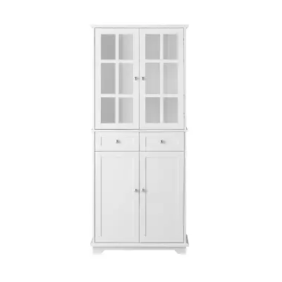 High Sideboard for Kitchen Mobile Buffet in Wood White Cabinet