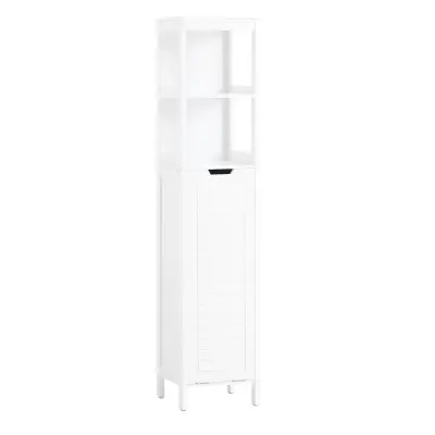 Tall Bathroom Cabinet With White Folding Laundry Bag