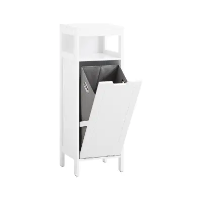 Bathroom Laundry Cabinet With White Folding Laundry Bag