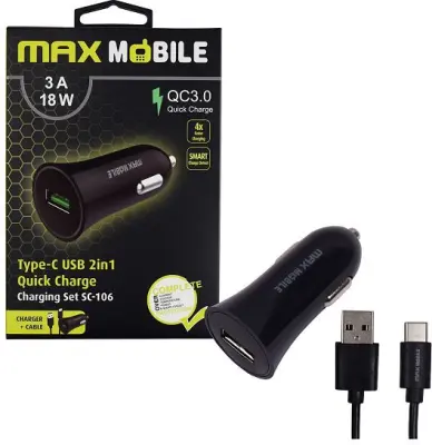 MAXMOBILE AUTO ADAPTER USB SC-106 QC 3.0,18W QUICK CHARGE 3A + TYPE C crni