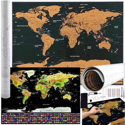 Karta svijeta za grebanje sa zastavicama + pribor 82x59cm