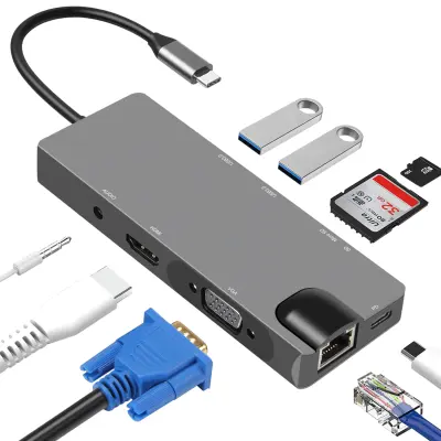 9 u 1 USB C Hub s USB 3.0, HDMI, RJ45, SD/TF čitačem kartica, 100W PD, VGA Siva