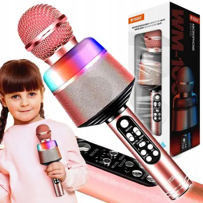 USB baterija. 1200mAh bluetooth SD karaoke mikrofon sa zvučnikom RGB LED roza
