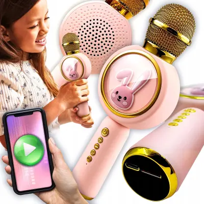 USB baterija. 800mAh bluetooth 5.1 SD karaoke mikrofon sa zvučnikom RGB LED ružičasti zeko