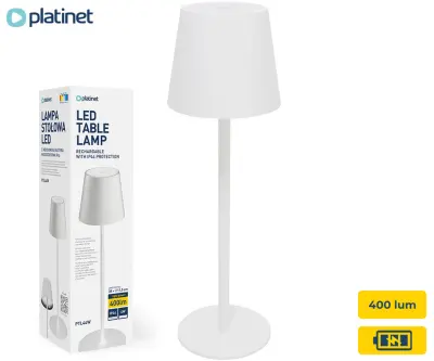 PLATINET PTL44W bežična stolna LED lampa, do 400 lumena, punjiva baterija od 4000 mAh, IP44 zaštita, USB Type-C, metal, bijela