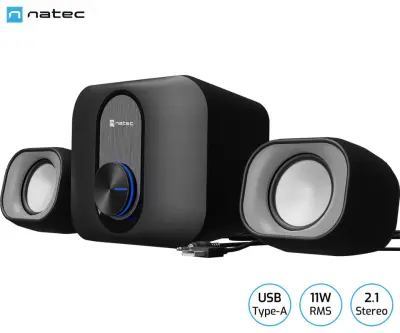 Natec PUG računalni zvučnici, 2.1 STEREO, 11 W RMS, Plug & Play, USB-A, 3,5 mm mini-jack, kontrola glasnoće, LED osvjetljenje, crni