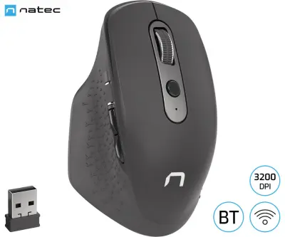 Natec FALCON bežični miš, 3200 DPI, ergonomski, Bluetooth / USB 2,4 GHz, 6 tipki, tihi prekidači, punjiva baterija, bočni kotačić za skrolanje, crna