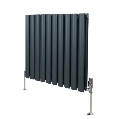 Ovalni stupni radijator i ventili - 600 mm x 600 mm - antracit siva