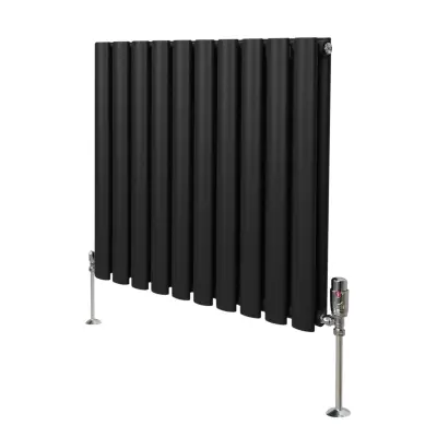 Ovalni stupni radijator i ventili – 600 mm x 600 mm – crni
