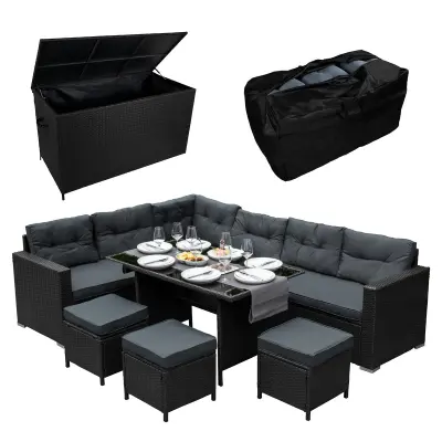 Kutna sofa od ratana i kutija za odlaganje jastuka - crna