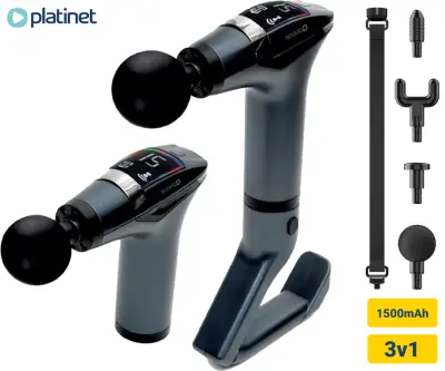 PLATINET PMAS10PRO masažni pištolj, 3-u-1, punjiva baterija, 12 postavki brzine, 4 nastavka, masažni pojas, produžna ručka, upravljanje dodirom