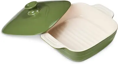 DOWAN keramička posuda za pečenje s poklopcem 1085 ml, pravokutna, s ručkom, sigurno za pećnicu, za lazanje, zelena