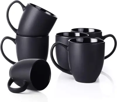 DOWAN set od 6 keramičkih šalica za kavu 473 ml, crne, s velikim ručkama, za kavu, čaj i latte, poklon za vjenčanje i useljenje