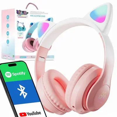 Aku. LED RGB bežične gaming slušalice s mačjim ušima + mikrofon ružičaste boje