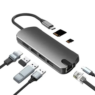 8-u-1 USB C čvorište s USB 3.0, HDMI, RJ45, čitačem SD/TF kartica, 100W PD punjenjem Siva
