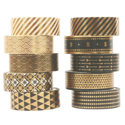 Set od 10 crnih Washi traka sa zlatnom folijom, ukrasna ljepljiva traka Zlatna