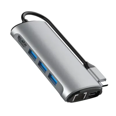 8-u-1 Type-C Hub Multiport Adapter s HDMI, RJ45, SD/TF čitačem kartica Siva