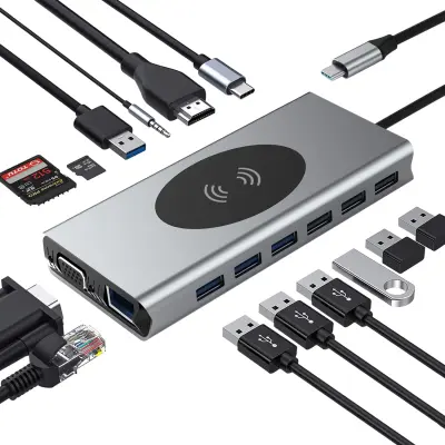 15-u-1 Type-C Hub Multiport Adapter s HDMI, VGA, Ethernet, USB C PD Siva