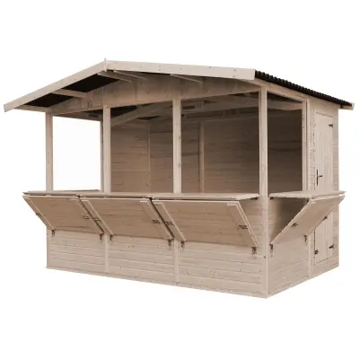 Drveni kiosk za tržnicu, maloprodajni štand s pultom, PET PROZORA, 263 x 336 cm - TIMBELA M150B
