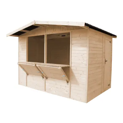 Drveni kiosk za tržnicu, maloprodajni štand s pultom, DVA PROZORA,  263 x 336 cm - TIMBELA M150
