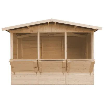 Drveni kiosk za tržnicu, maloprodajni štand s pultom, TRI PROZORA,  263 x 336 cm - TIMBELA M15OA