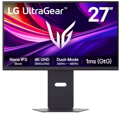 LG 27" UltraGear Monitor 27G850A-B, NanoIPS Black 4K UHD, 240Hz/480Hz, 1ms, FreeSync Premium Pro, nVidia G-Sync, DisplayPort, 2x HDMI, USB Hub, Pivot