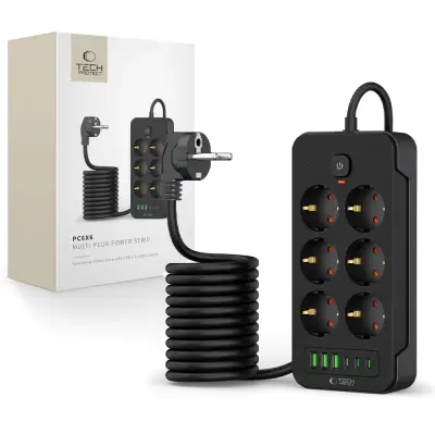 TECH-PROTECT PC6X6 RASPRSKA ZA STRUJU S 3 USB-A, 3 TYPE-C I 6 UTIČNICA, 200 CM, CRNA