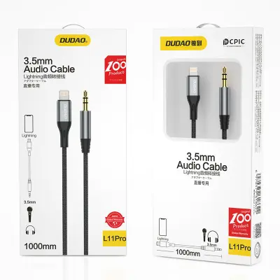 Pleteni pamučni AUX audio kabel iPhone Lightning - 3,5 mm mini jack 1 m, sivi