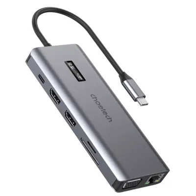 Višenamjenski USB-C USB-A VGA AUX SD TF 12-u-1 hub s zaslonom, sivi
