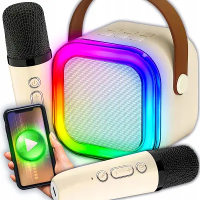 Aku. 1200mAh karaoke zvučnik Bluetooth 5.3 2x mikrofon LED RGB