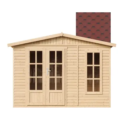 Drvena vrtna kućica - H232x332x222 cm/6 m² - Vrtni ured s podom i bitumenskim pločicama - TIMBELA M334FB+H334FBRED