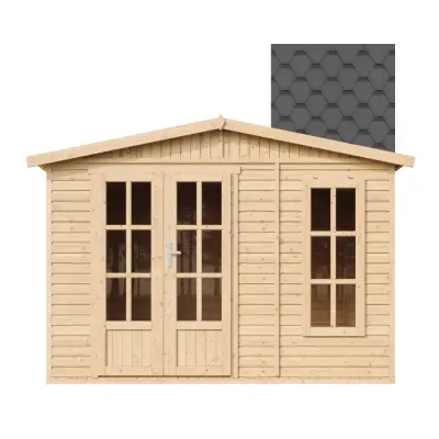 Drvena vrtna kućica - H232x332x222 cm/6 m² - Vrtni ured s podom i bitumenskim pločicama - TIMBELA M334FB+H334FBBLACK