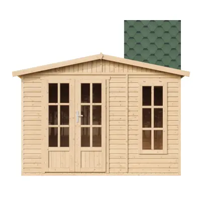 Drvena vrtna kućica - H232x332x222 cm/6 m² - Vrtni ured s podom i bitumenskim pločicama - TIMBELA M334FB+H334FBGREEN