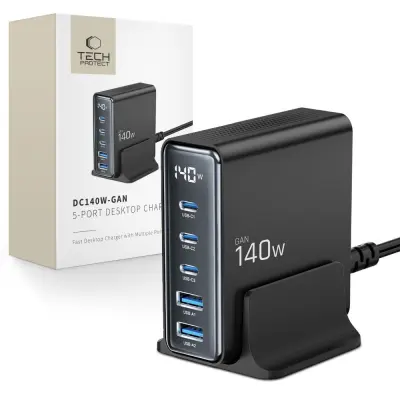 TECH-PROTECT DC140W-GAN 5-PORTNI STOJNI PUNJAČ PD140W/QC3.0 CRNI