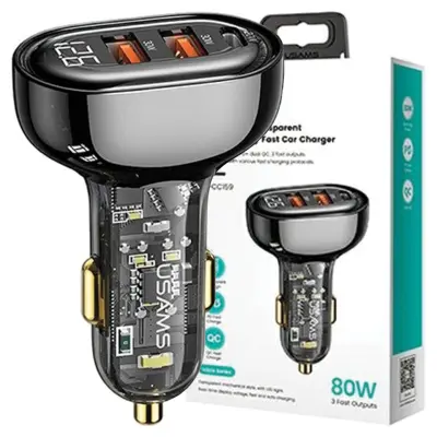 USAMS AUTOPUNJAČ 2xUSB 1xUSB-C 80W BRZO PUNJENJE CRNA