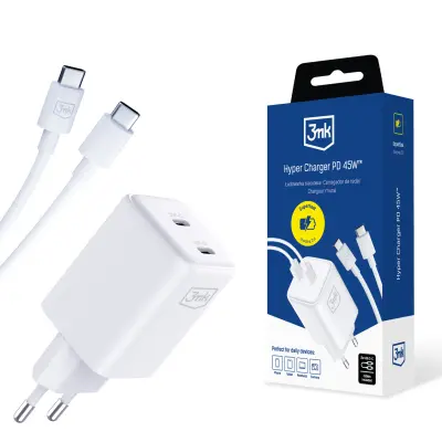 3MK HYPER CHARGER PD 45W + USB-C NA USB-C KABEL (BIJELI) ZA PUNJENJE TELEFONA