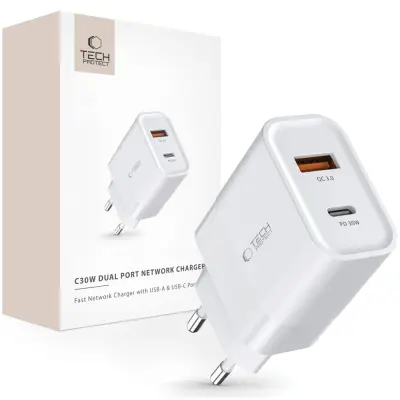 TECH-PROTECT PD 30W QC3.0 PUNJAČ S 2 PRISTOJNICE ZA USB-C, BIJELA
