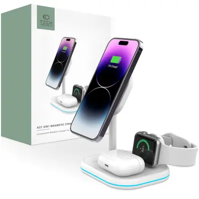 TECH-PROTECT 3-U-1 MAGSAFE QI 15W INDUKTIVNI PUNJAČ ZA IPHONE, BIJELA