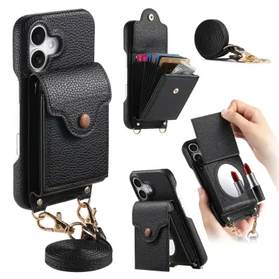 iPhone 13 PU kožna futrola novčanik s ogledalom i crossbody trakom Crna